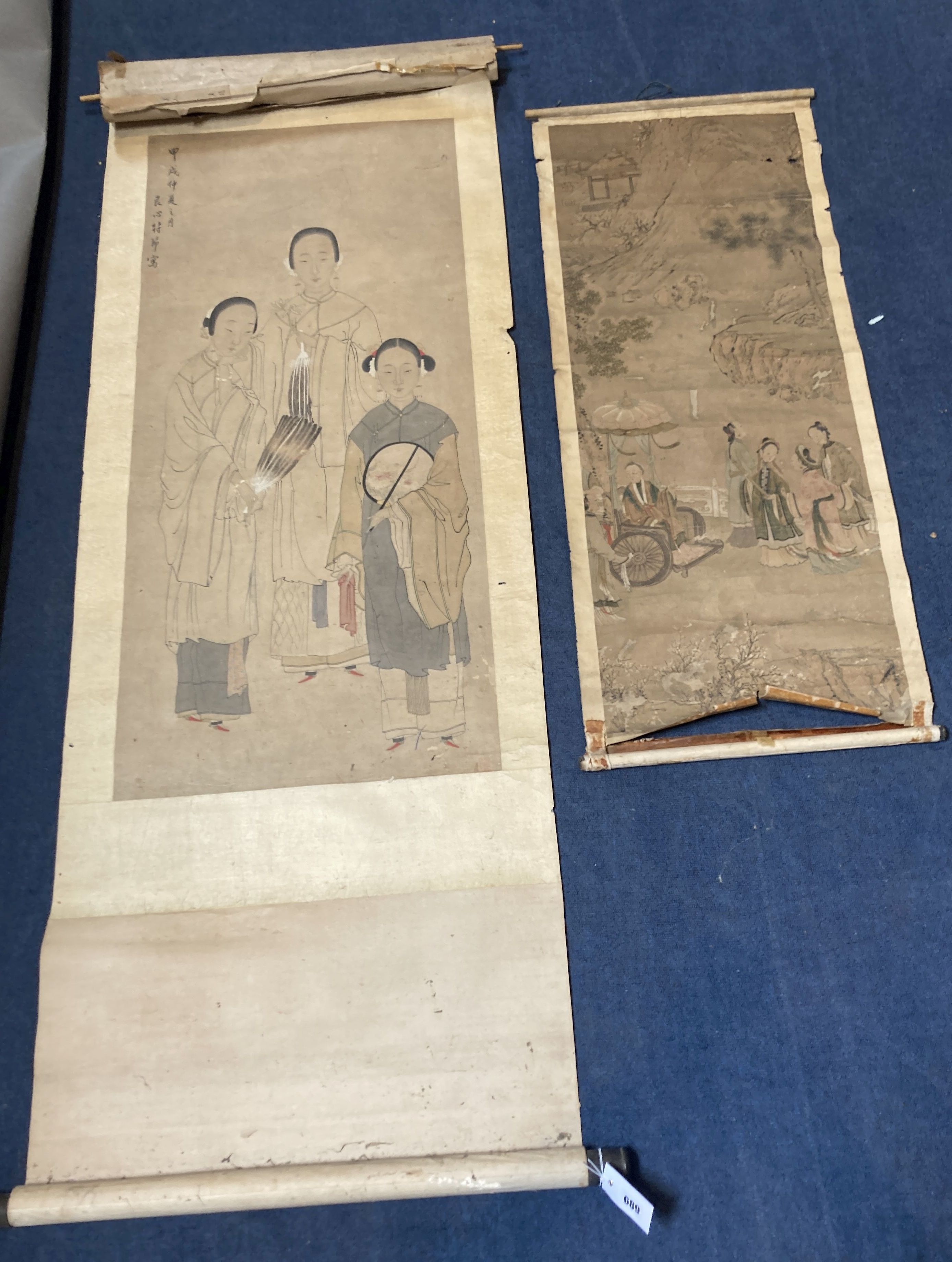 Two Chinese scroll painting on paper of beautiful ladies, late Qing dynasty, image 105 x 47cm and 100 x 38cm some damage